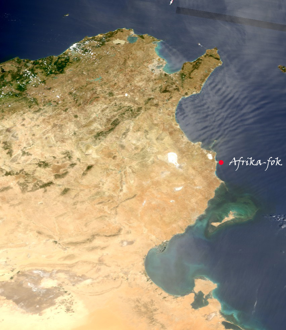 Az Aftórika-fok helyzete Tunézia műholdképén