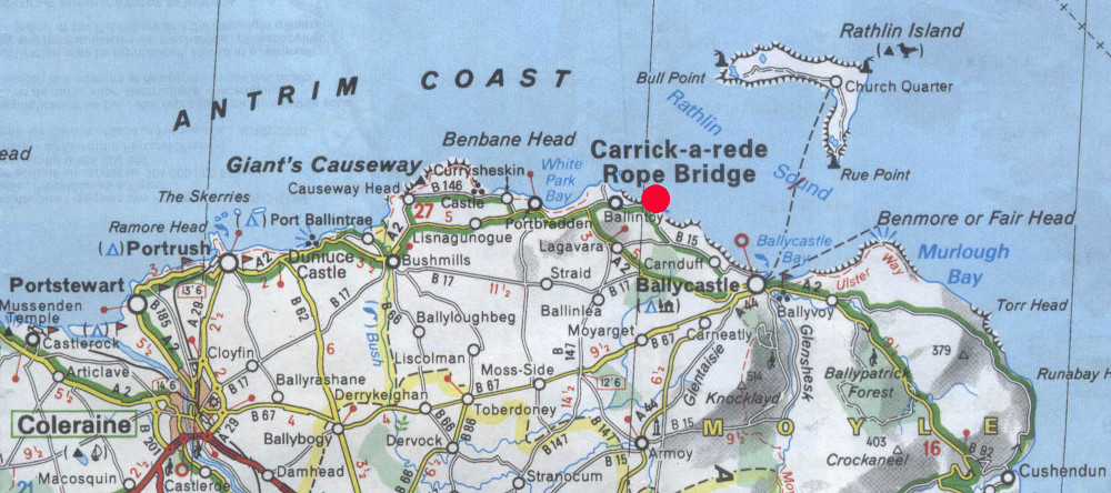 Carrick-a-Rede piros ponttal jelölve